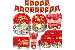 SAWOWKUYA 172Pcs Christmas Dinnerware Set Party Supplies Snowman Disposable Tableware Paper Plates and Napkins Banners Plastic tablecloths Cutlery Serves 24 for Merry Christmas Party Home Indoor Outdoor Decor