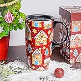 Topadorn Coffee Ceramic Mug Porcelain Latte Xmas Mug With Lid in Present Box 17oz,Gingerbread