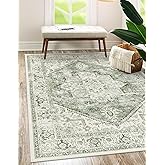 LIVEBOX Washable Area Rug 5x7 - Large Vintage Tribal Living Room Rug Vintage Non-Slip Indoor Rugs for Bedroom, Low-Pile Retro Carpet Print Distressed Accent Rugs for Nursery Entryway Office, Sage