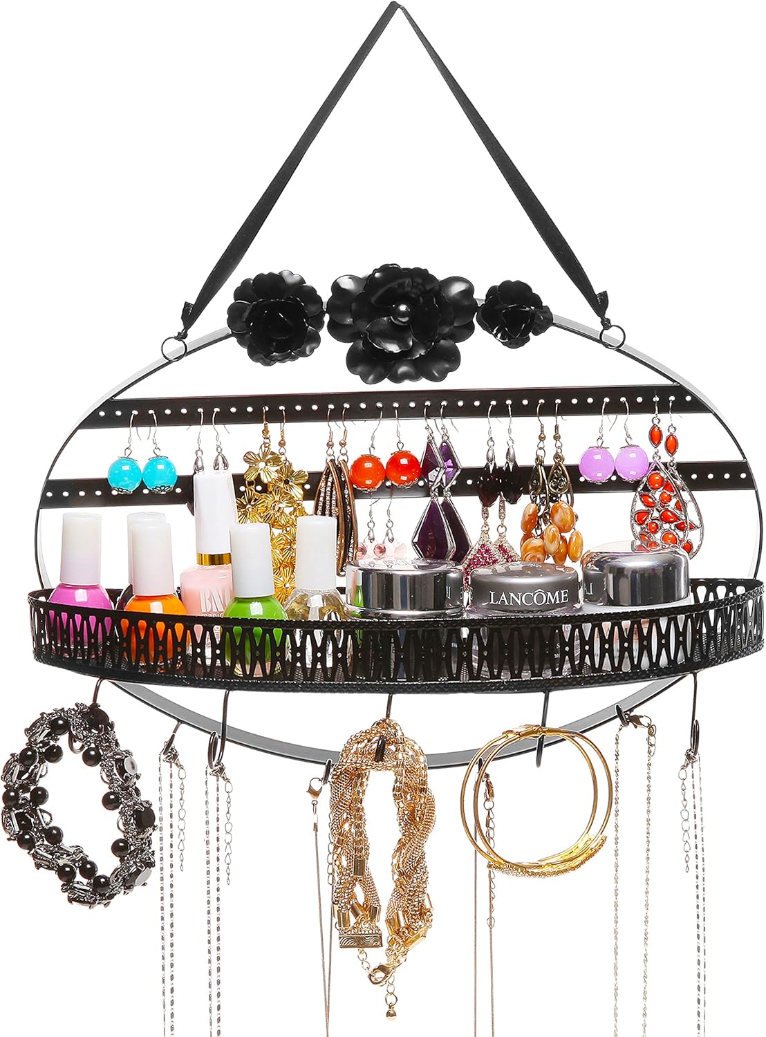 Black Flower Metal Hanging Jewelry Organizer Rack w/Earring