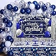 Blue Birthday Decorations for Men, Happy Birthday Decorations for Men Women Boy Party Decoration Backdrop & Tablecloth Balloons Arch Kit Blue Silver Confetti Balloons Foil Fringe Curtains Table Cover