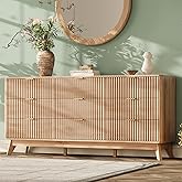 TROJM 63'' Wide 9 Drawers Dresser for Bedroom,Modern Fluted Vertical Chest with Rounded Corners,Fluted Dresser for Living Room,Hallway, Natural Wood