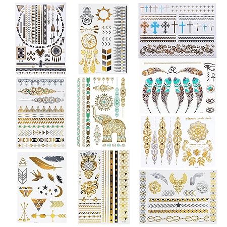 Amaza Flash Metallic Tattoos 10 Sheets temporäre tattoos Flash Gold und Silber (Mehrfarbig)