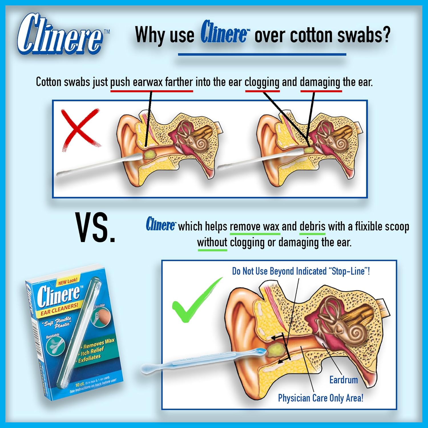 Clinere® Ear Cleaners, 10 Count, (Pack of 3) Earwax Remover Tool Safely and Gently Cleaning Ear Canal at Home, Ear Wax Cleaner Tool, Itch Relief, Ear Wax Buildup, Works Instantly, Earwax Cleaners: Health & Personal Care