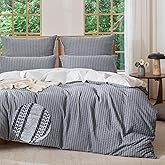 MILDLY Jacquard Stripe Duvet Cover - 100% Washed Cotton Charcoal Boho Textured Comforter Cover Set with Zipper Closure 90"x90"