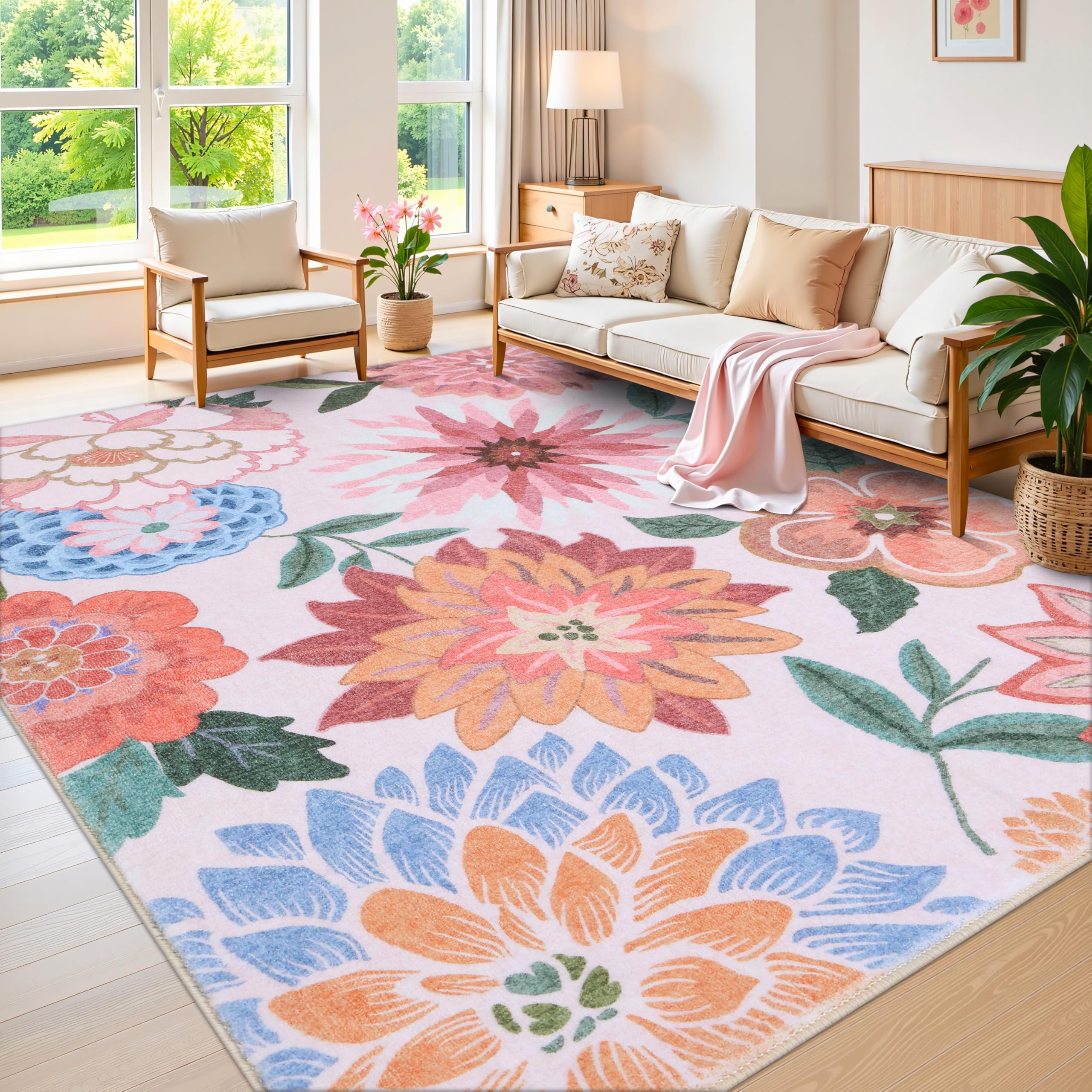 Photo 1 of OLANLY 4x6 Area Rug, Washable Floral Rug for Bedroom, Living Room, Dining Room – Non Slip Low Pile Soft Indoor Carpet, Lightweight & Non-Shedding Throw Rug for Office or Kids Room, Pink