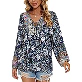 Vogebund Women's Floral Boho Tunic Tops Casual Long Sleeve Loose Beach Blouses Self-Tie V Neck T Shirts