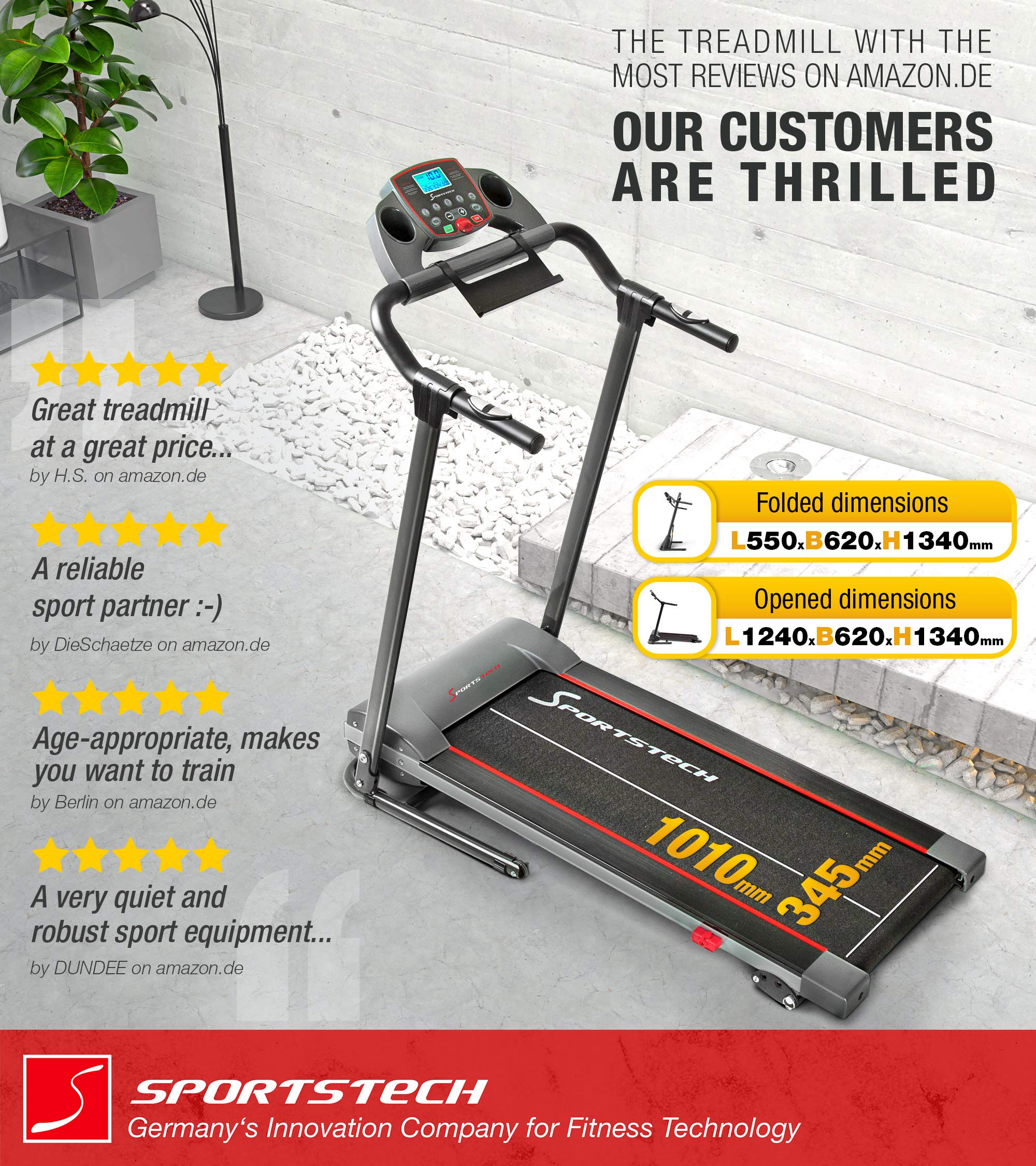 Sportstech F10 Treadmill German Quality Brand Video Events & Multiplayer APP, 18° slope in