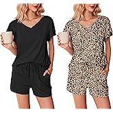 Ekouaer 2 Pack Women's Pajamas Set Soft Ruffle Sleeve Pjs Set Casual V Neck Lounge Set with Pockets