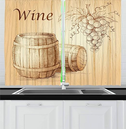 Amazon Com Ambesonne Wine Kitchen Curtains Wooden Barrels And