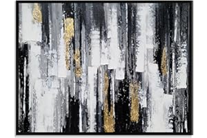 Yihui Arts Framed Black and White Hand Painted Canvas Wall Art with Gold Foil