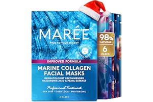 MAREE Collagen Facial Mask with Hyaluronic Acid — Sheet Face Mask Skincare — Centella Asiatica, Green & Red Algae Extract — Hydrating Facemask For Women Skin Care — Mascarillas Para La Cara — 6 Count