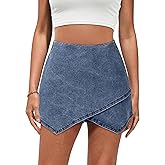 luvamia Jean Skorts for Woman High Waisted Pull On Stretchy Denim Wrap Skirt with Shorts Trendy Asymmetrical Skort