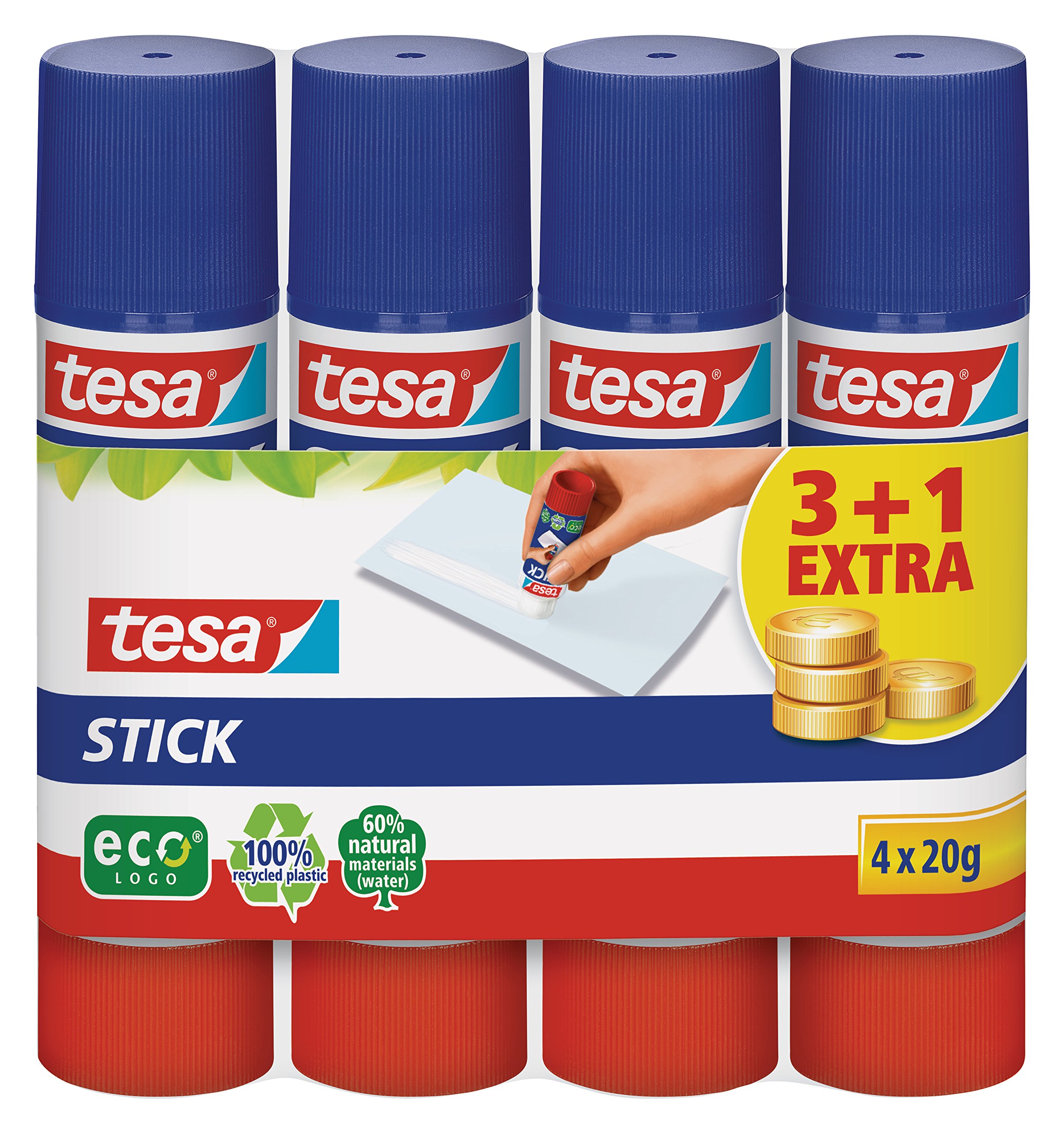 tesa UK 4 x 20 g Glue Stick ecoLogo, Solvent-Free and Washable, Blue