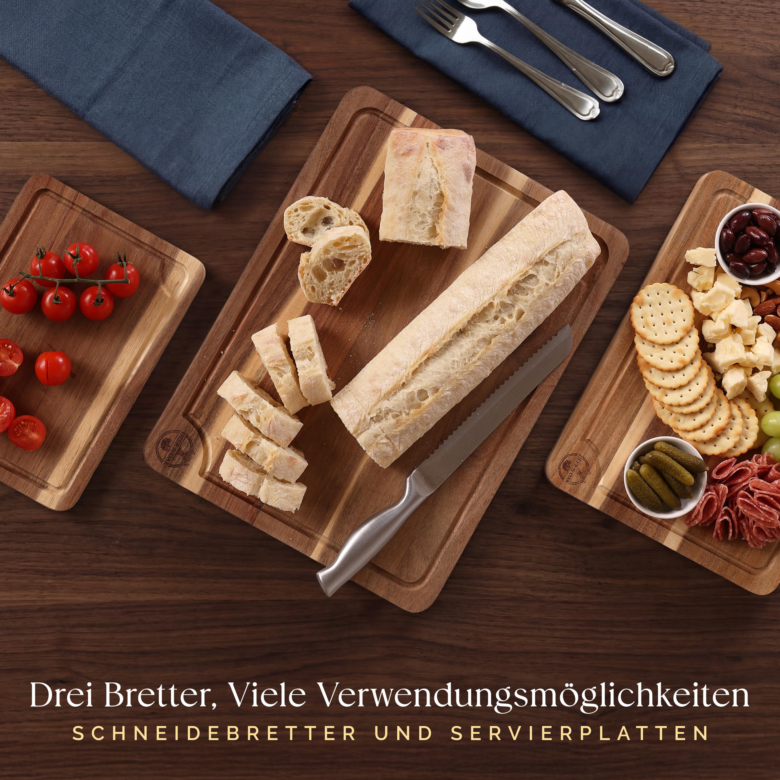 Deer & Oak 3-teiliges Akazien-Schneidebrett-Set mit Ständer, inklusive 250 ml Schneidebrettöl, FSC-zertifizierte, vorgeölte Schneidebretter aus Holz für Küchen, Hartholz-Küchenschneidebretter für 8