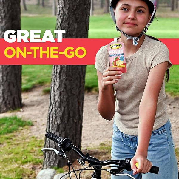 MOTT’S FRUIT SMOOTHIES STRAWBERRY BANANA, 4.2 OZ CLEAR POUCHES, 8 PACK, NON-DAIRY, MADE WITH OATMILK, MADE WITH REAL FRUIT, GOOD SOURCE OF CALCIUM, ON-THE-GO