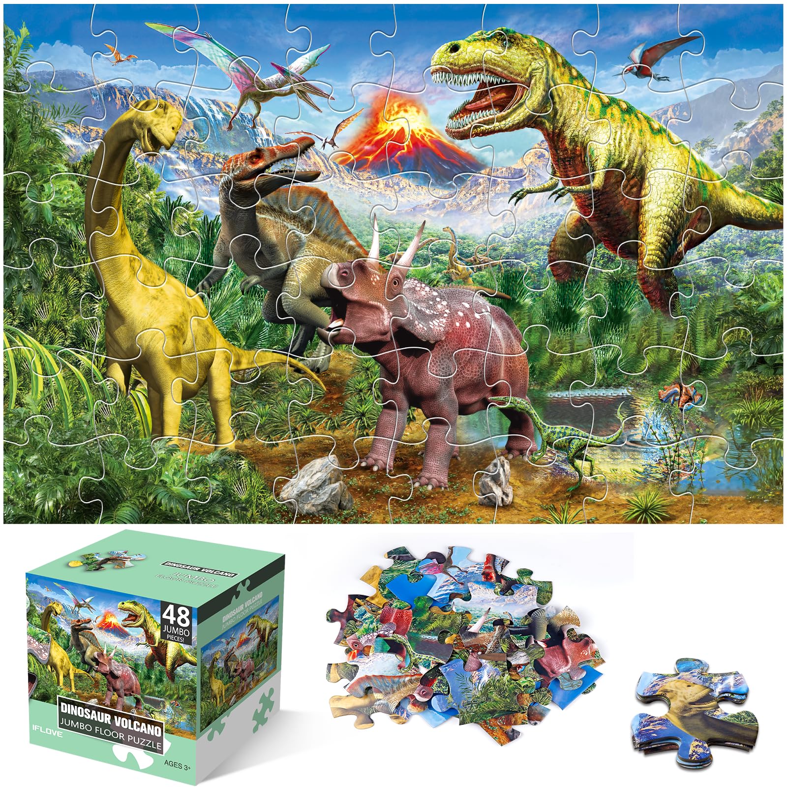 Jumbo Floor Puzzle for Kids,48 Piece Volcano Dinosaur Large Jigsaw Puzzles, Fun Educational Toy for Toddlers Ages 3-5,Preschool Learning Easter Gift for Boy Girl Ages 4-8
