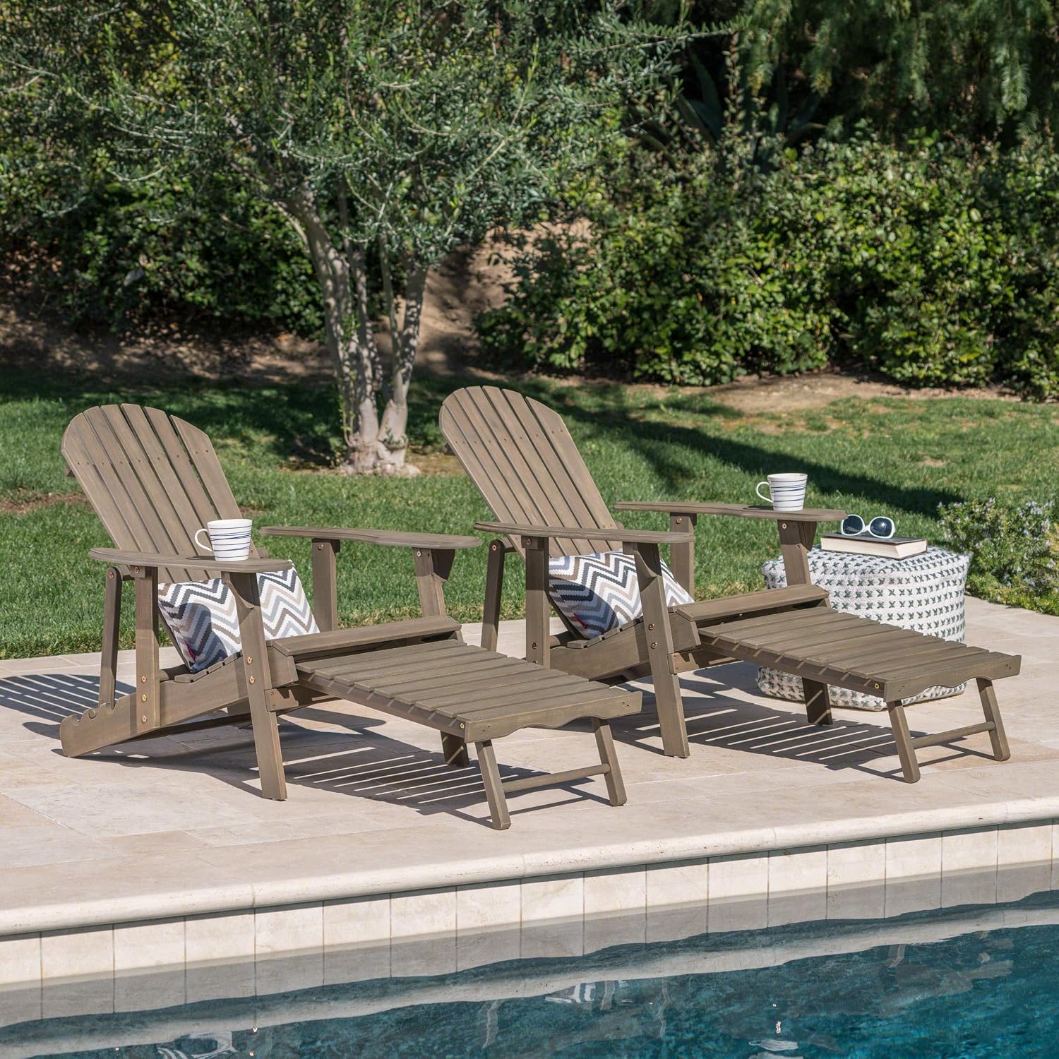 Gdfstudio Halley Outdoor Reclining Wood Adirondack Chair With Footrest 2 Grey Patio Seating Chairs