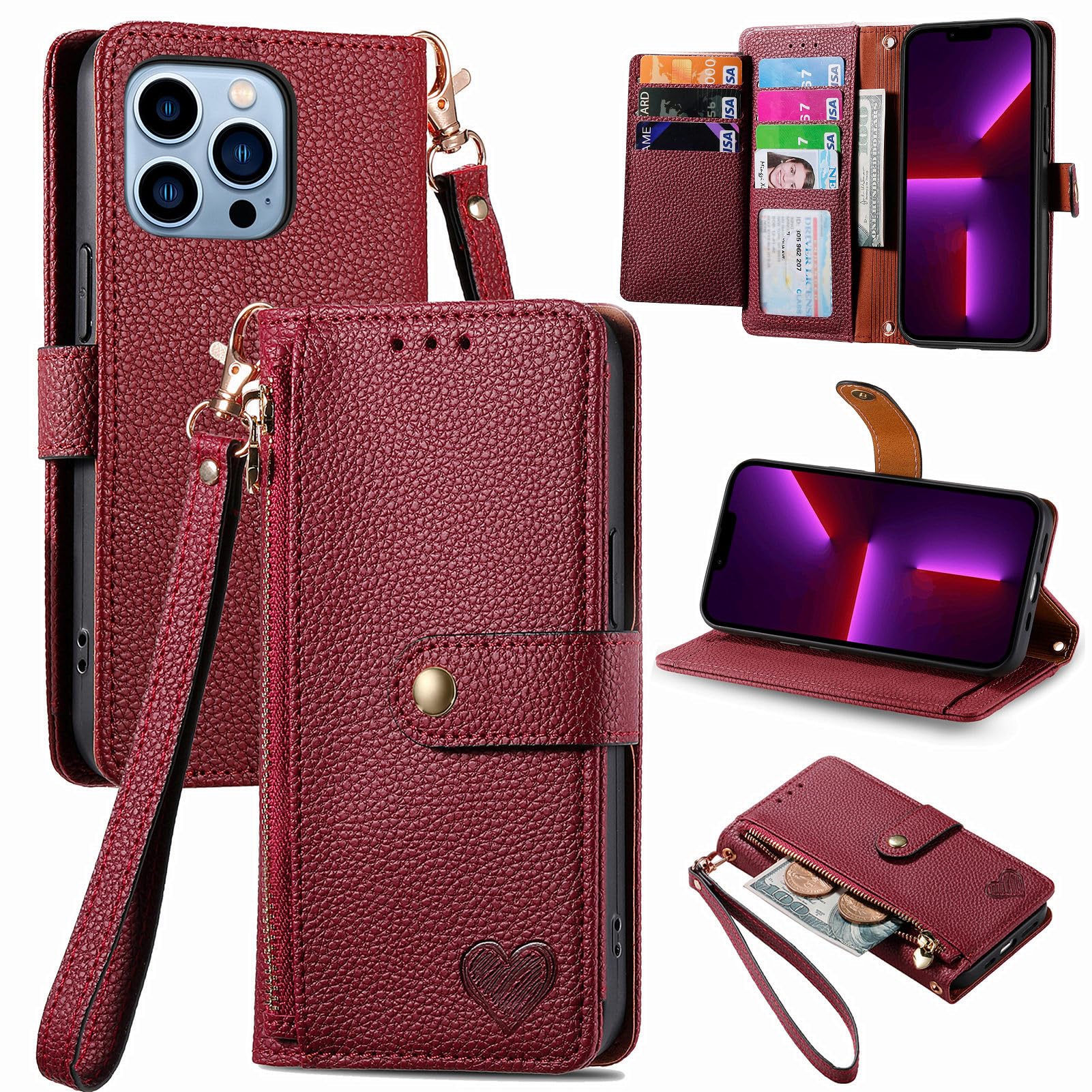 VEEMOS Zipper Wallet Case for Apple iPhone 13 Pro Phone Case with Purse Card Holders RFID Blocking Leather Flip Case Book Cover Wrist Strap Women - Red