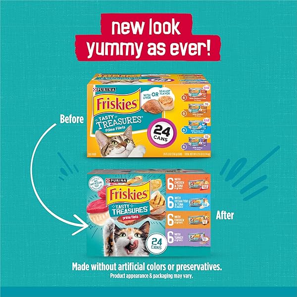 PURINA FRISKIES WET CAT FOOD VARIETY PACK, TASTY TREASURES PRIME FILETS (WITH CHICKEN AND TUNA, WITH CHICKEN, AND WITH OCEAN FISH AND TUNA, AND WITH TURKEY) – (PACK OF 24) 5.5 OZ. CANS