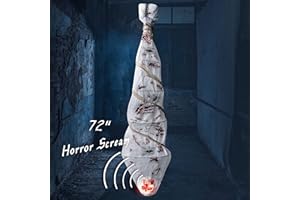LANSIAN Cocoon Corpse Creepy Halloween Decorations Hanging Decor Scary Corpse Props Lighted Realistic with Led Skull Eyes Spooky Sound, Haunted House Props for Indoor Outdoor Home Hallomas Party 72 Inches