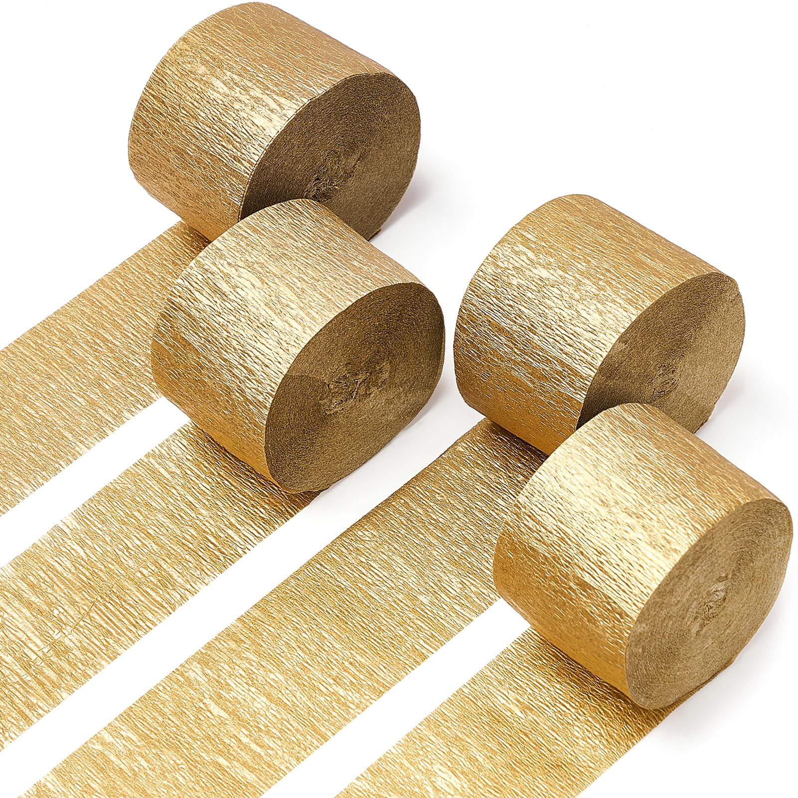 Photo 1 of PartyWoo Gold Crepe Paper Streamers 4pcs 328ft Pack of Gold Crepe Paper for Wedding Bachelorette Birthday Baby Shower Bridal Shower Engagement Anniversary New Year Eve Graduation Party Decorations