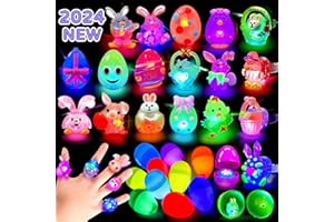 AIVEI 24 Pack Prefilled Easter Eggs with 3D Light Up Rings Toys, Easter Basket Stuffers Glow In The Dark Easter Egg Fillers, Party Favors Gifts LED Flashing Rings, Easter Egg Hunt for Kids Teens