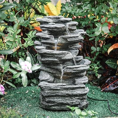 BTGGG Cascading Tiered Water Fountain with LED Lights, Grey