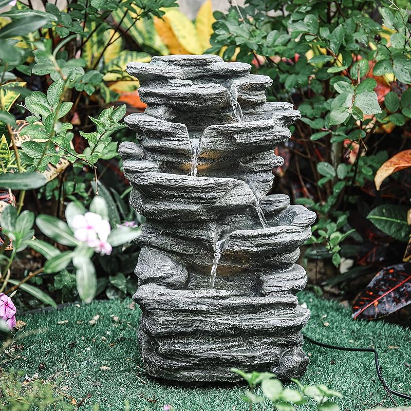BTGGG Cascading Tiered Water Fountain with LED Lights, Grey
