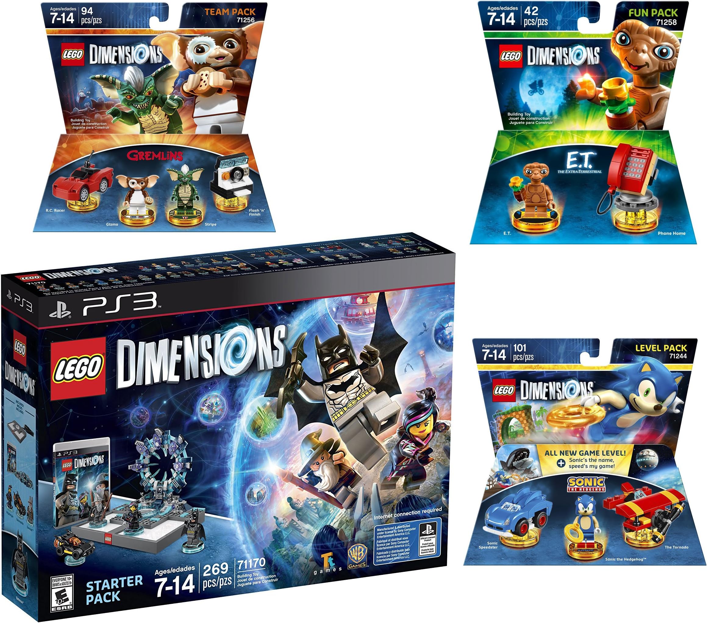 Lego Dimensions Starter Pack + Sonic The Hedgehog Level Pack + Gremlins Team Pack + E.T. Fun Pack for Playstation 3 or PS3 Slim Console