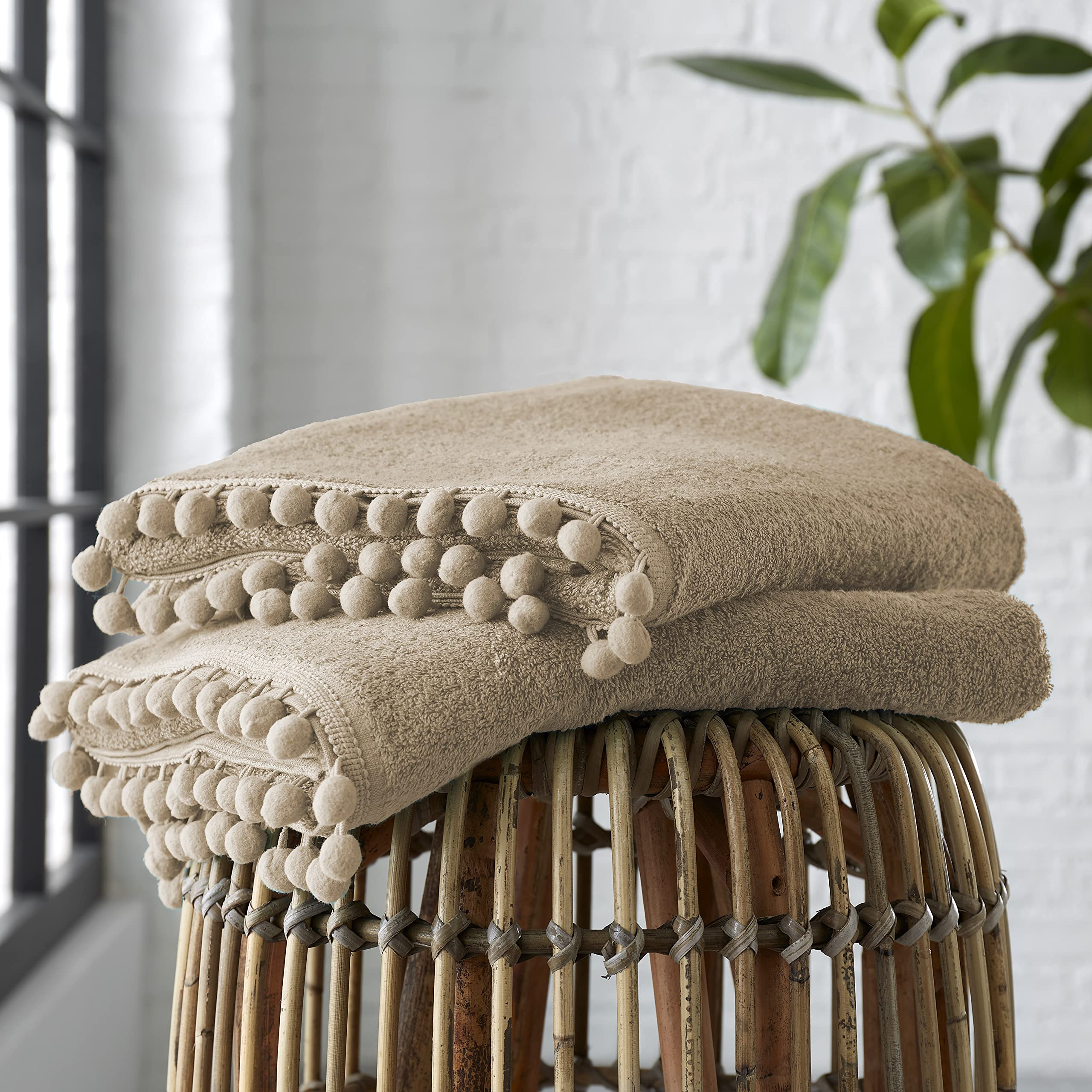 GC GAVENO CAVAILIA Luxury 2PK Pom Pure Cotton 550 GSM Hand Towels OR Ultra Soft Super Absorbent, Egyptian, Latte, Pack of 2 Bath Sheet