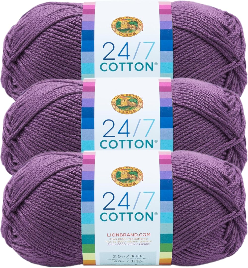Lion Brand 24/7 Cotton Yarn Lightweight 3 Pack Purple 186 yd 100 g