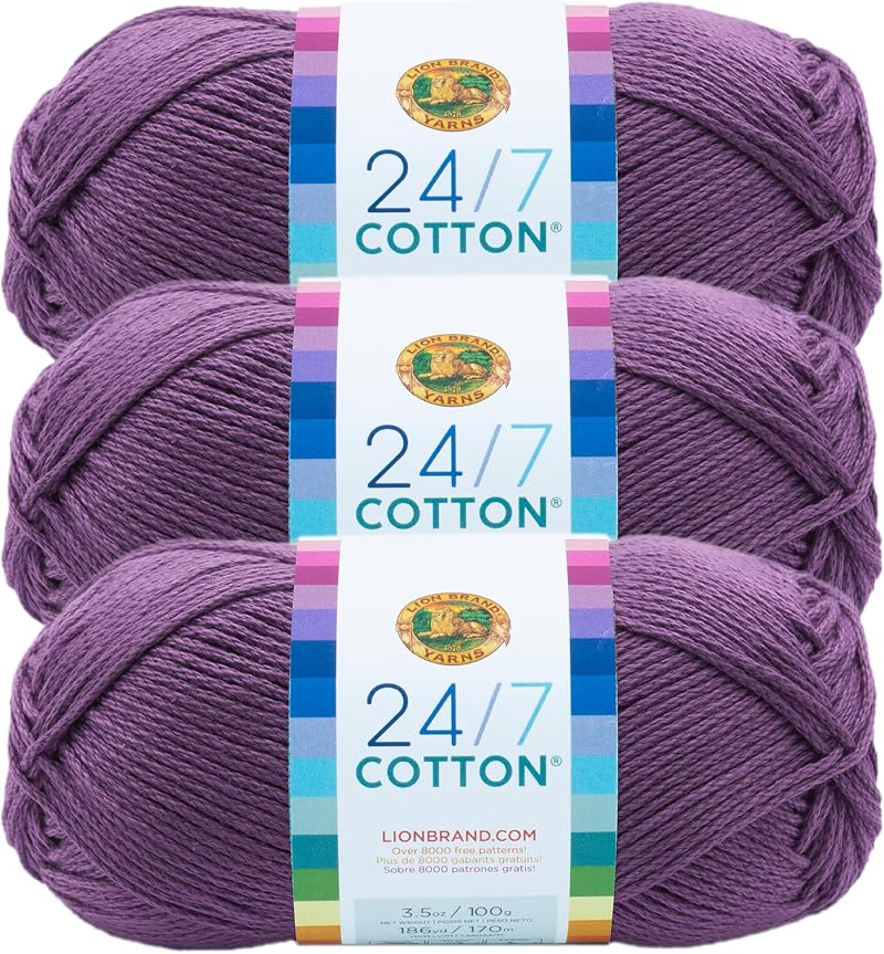 Lion Brand 24/7 Cotton Yarn Lightweight 3 Pack Purple 186 yd 100 g