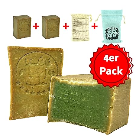 Aleppo Seife Set 2x 200 gr. 60% Olivenöl, 40% Lorbeeröl + Sisal Seifensäckchen + Seifenbeutel, Haarseife, Rasierseife, geeign