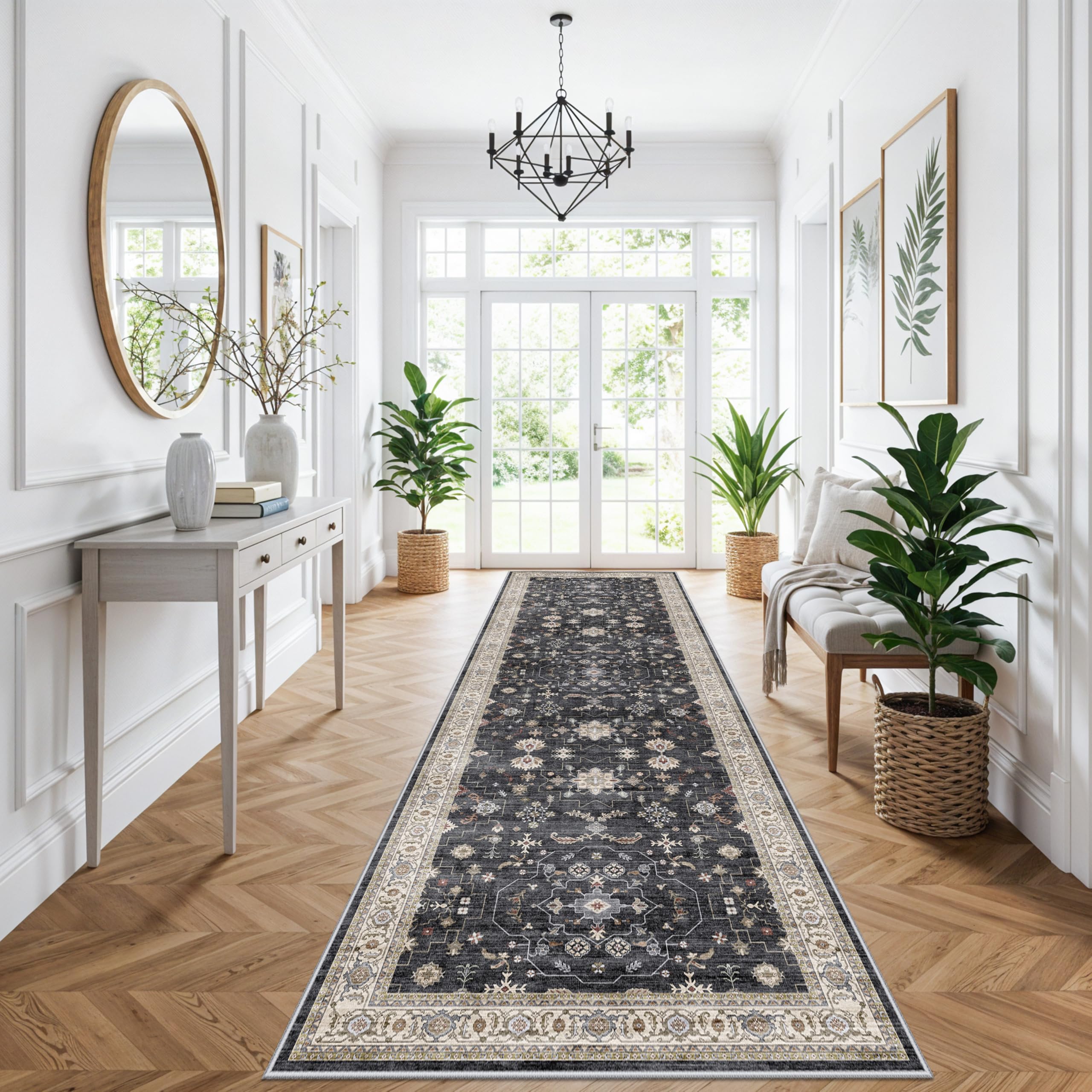 Washable 4x12ft Wide Hallway Runners - Non-Slip Vintage Kitchen Rugs with Rubber Backing Farmhouse Distressed Carpet for Dining Room Soft Thin Floor Mat for Living Room Bedroom (Black/Multi,4x12) Image