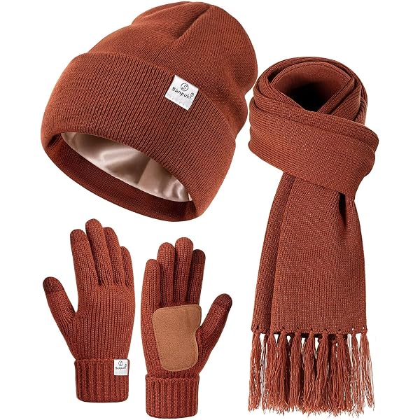 SATINIOR 5 Pcs Winter Satin Lined Hat Scarf Gloves Set Knit  display picture 3