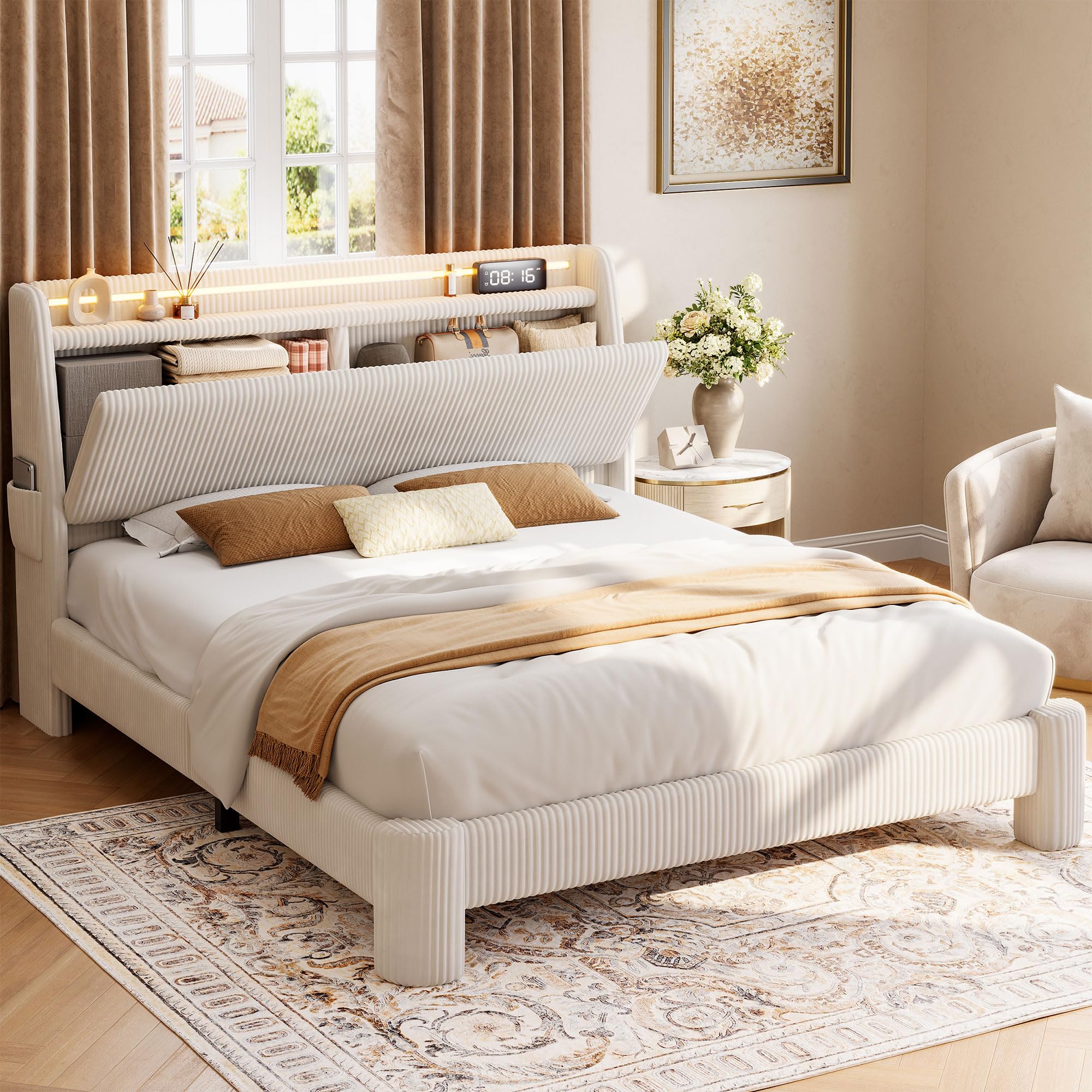 Photo 1 of **DAMAGE SEEN IN PHOTO**Upholstered Queen LED Bed Frame with Hidden Storage Headboard and Charging Station, Corduroy Platform Bed with Wingback, Heavy Duty Wood Slats, No Box Spring Needed, Noise-Free, Beige (Beige, Queen)