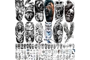 ZOMME 82 Sheets Temporary Tattoos Stickers, Fake Body Arm Chest Shoulder Tattoos for Men and Women, Halloween Temporary Tattoos Black Fake Skull Skeleton Tattoos for Halloween Cosplay