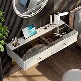 IEO 31.5" Floating Makeup Vanity Table Wall-Mounted Dressing Table with 2 Drawers Floating Desk Glass Top Wall for Small Space Bedroom,Warm White