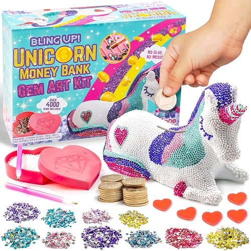 GirlZone Bling Up Unicorn Piggy Bank Gem Art Kit, Make Diamond Art for Kids with Girls Crafts Gems and 2 Stylus for Kids Diamond Art and Unicorn Crafts for Girls, DIY Money Bank