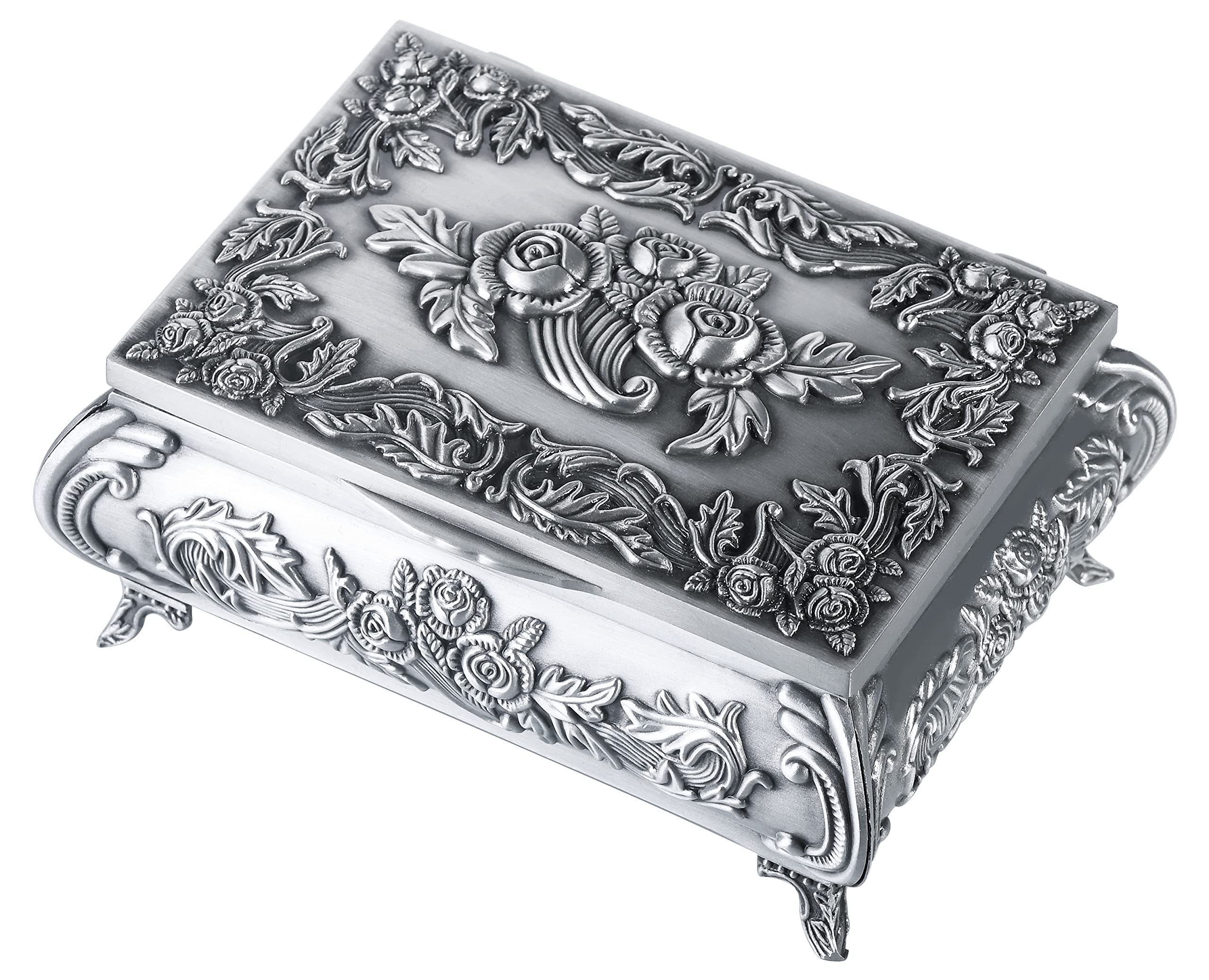 INFINIONLY Jewelry box for women, Tin alloy jewelry box, vintage metal carved roses jewelry box, four-legged jewelry box, jewelry storage box, handicrafts, no deformation, no rust, vintage silver