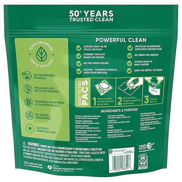 PALMOLIVE POWERPACS DISHWASHER PODS, 99.9% BIODEGRADABLE FORMULA IN DISHWASHER TABS WITH NO ADDED FRAGRANCE – 60 COUNT