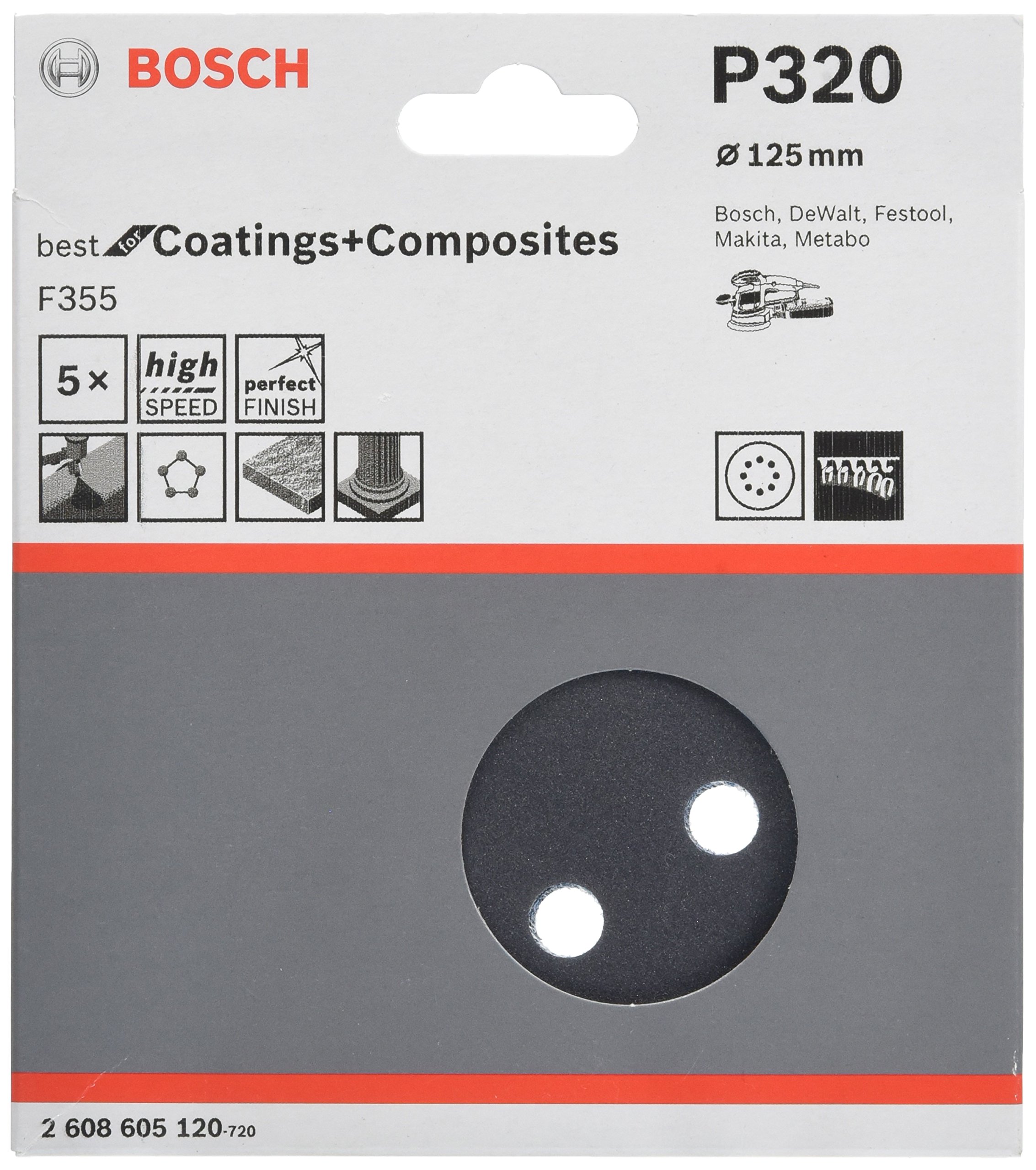 Bosch 5x PRO Plastic and Hard Stone F355 Sanding Disc (for Concrete, Hard stone, Ø mm, Grit 320, Professional Accessory Random Orbital Sander)