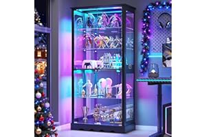 Dystler Display Cabinet with Glass Doors, 71'' Tall Curio Cabinet with RGB Lights for Collectibles, LED Display Case with Removable Shelf for Book/Medal/Figure, Black