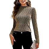 YYA Women's Sparkly Tops for Women Ruffle Sparkly Shiny Turtle Neck Shirts Long Sleeve Slim Fitted Tops S-XXL