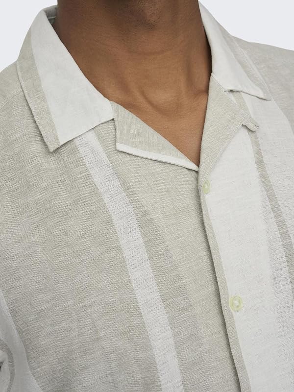 Camisa Hombre Manga Corta Cuello Resort Botones Lino Top Verano, Color:Caqui, Talla:M