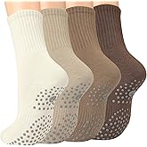 Toes Home Pilates Socks for Women with Non Slip Grippers, Yoga Crew Socks for Barre Hospital Sticky Slipper Socks 4 Pairs