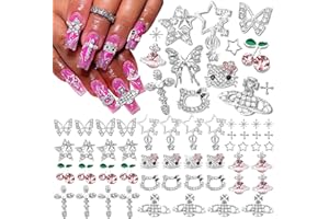 AQNJC 52PCS 3D Nail Charms and Gems Y2K Silver Butterfly Cross Star Planet Cherries Nail Charms for Acrylic Chrome Nails Design Kawaii Nail Jewels for Nail Art
