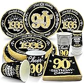 algpty 90th Birthday Decorations Black and Gold, Service for 30, Vintage 90th Birthday Party Supplies Includes Black Vintage 1936 Plates, Napkins, Cups Plates and Napkins for Men Women