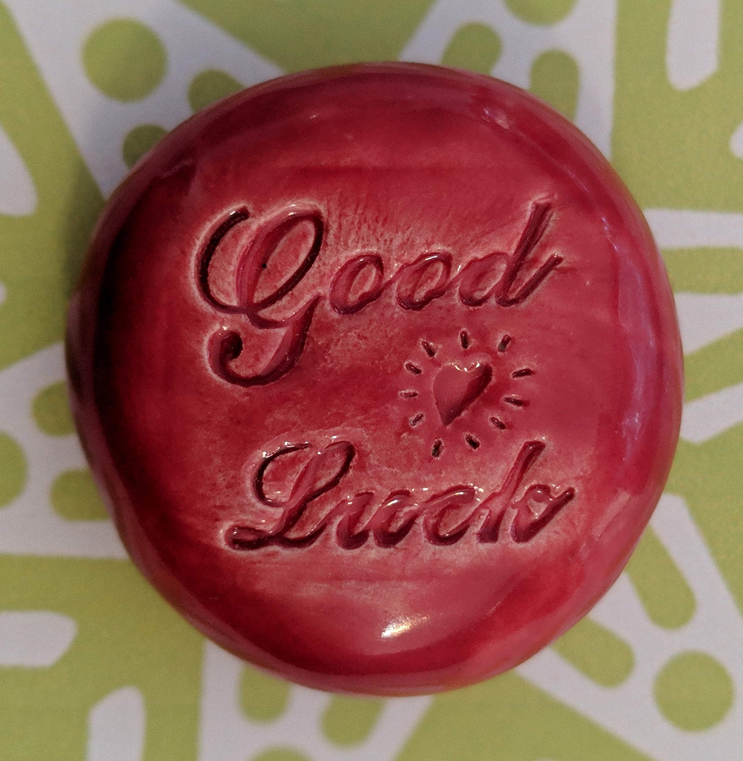 GOOD LUCK Pocket Stone - Raspberry Red Art Glaze - Inspirational Art Piece by Inner Art Peace